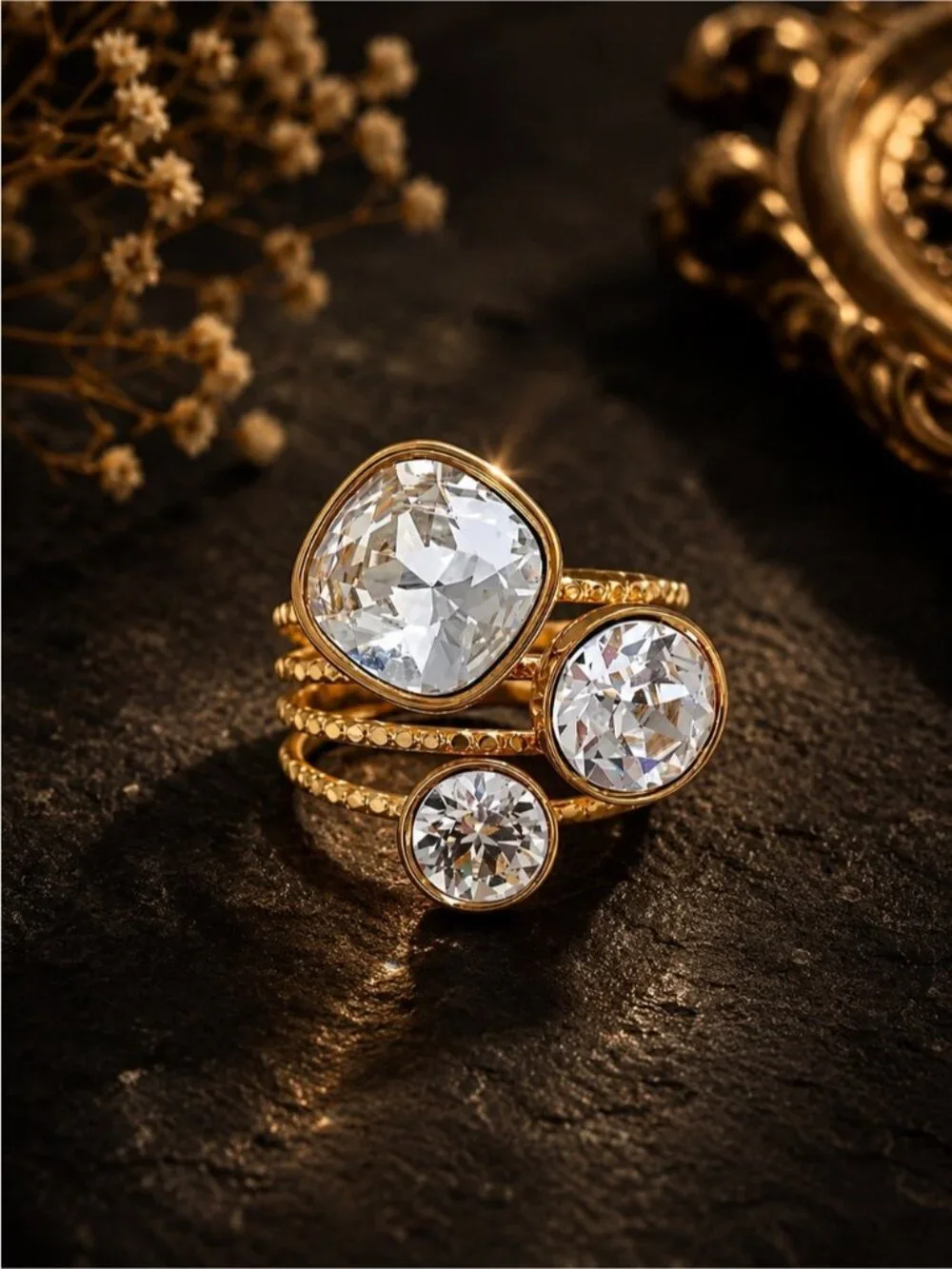 18 K Gold plated Triple Crystal Stack Ring
